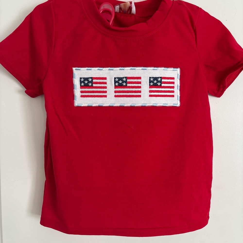 Red Kids T-Shirt with Embroidered Flag Design